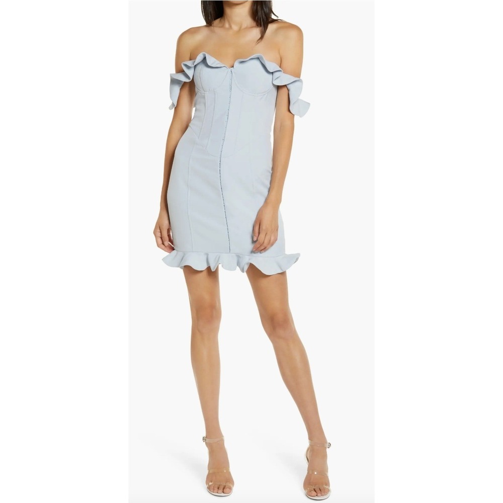 Lavish Alice Light Blue Ruffle Corset Minidress Off Shoulder Size US 8